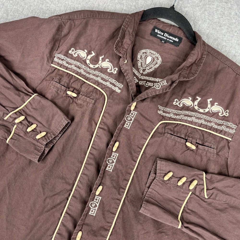 Vintage White Diamonds Western Shirt Men M Brown Embroidered Horseshoe Toggle‎